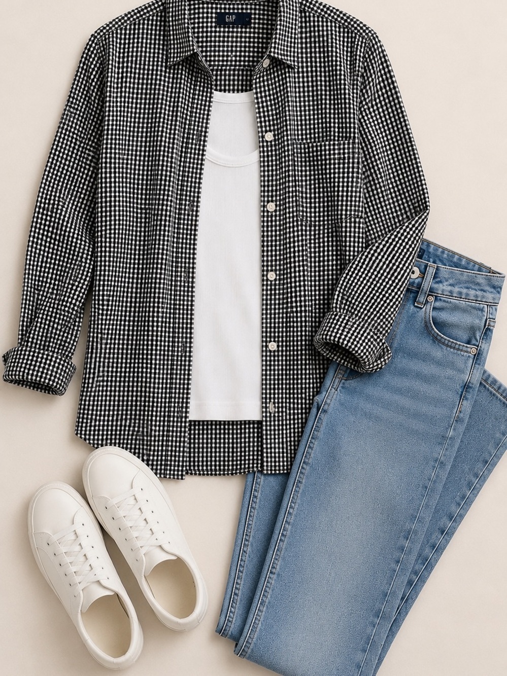 Gap Black White Gingham Button Up Shirt Cotton Long Sleeve Pocket Women’s L